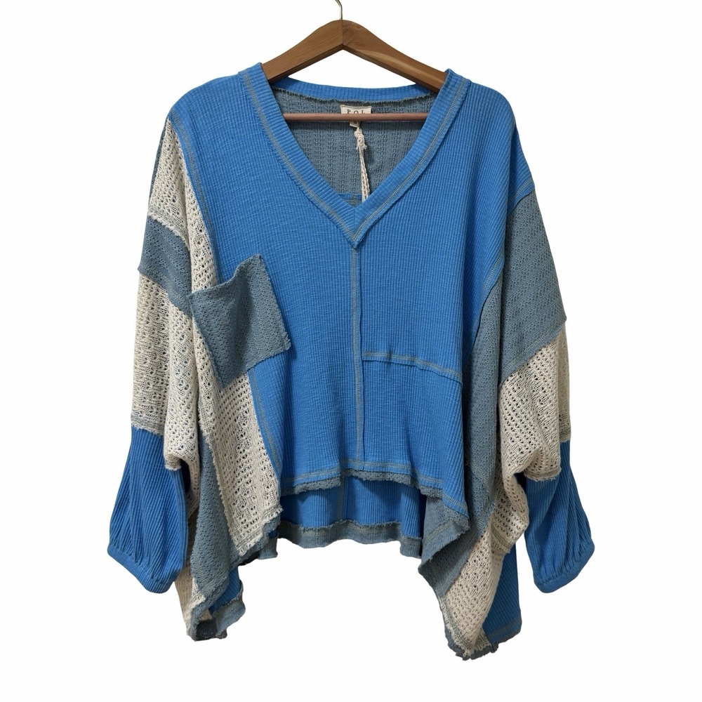 POL Womens V Neck Crochet Oversized Cropped Long Sleeve Top Size S Blue Bohemian
